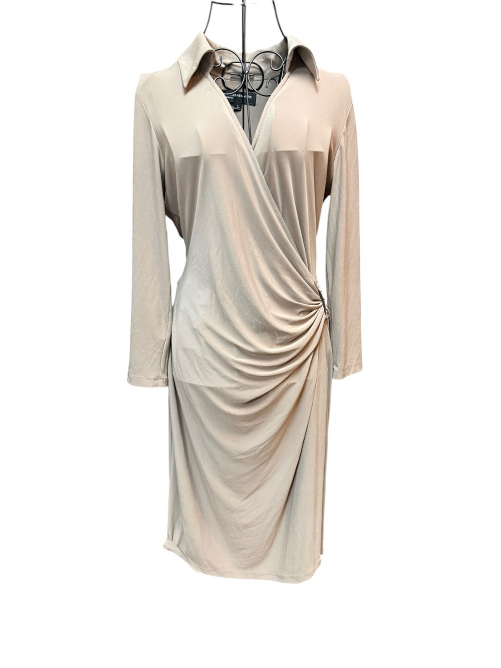 NWT Jones New York Beige Draped Wrap-Style Long Sleeve Dress size 6